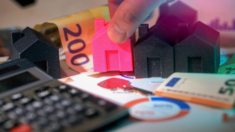 A close-up image displaying a small, bright pink plastic house-shaped object being held between a person's thumb and index finger. Surrounding it are several other house-shaped models made of black fo